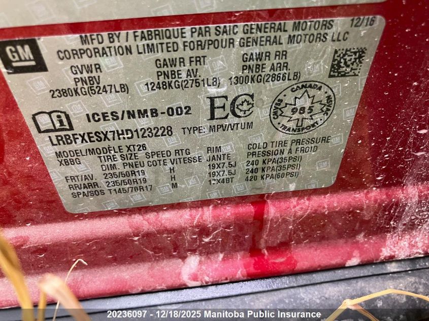 2017 Buick Envision Turbo VIN: LRBFXESX7HD123228 Lot: 20236097