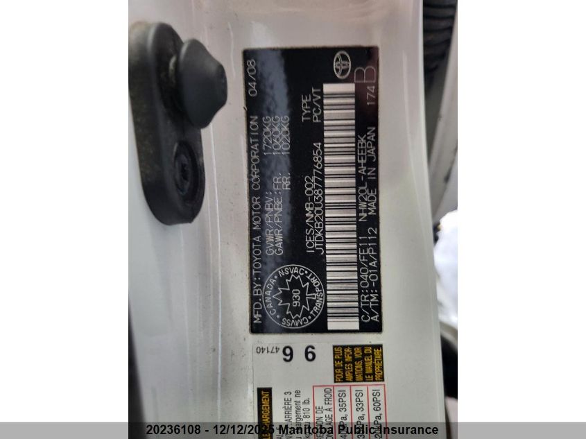 2008 Toyota Prius VIN: JTDKB20U387776854 Lot: 20236108