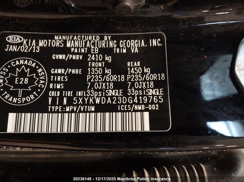2013 Kia Sorento Sx V6 VIN: 5XYKWDA23DG419765 Lot: 20236148