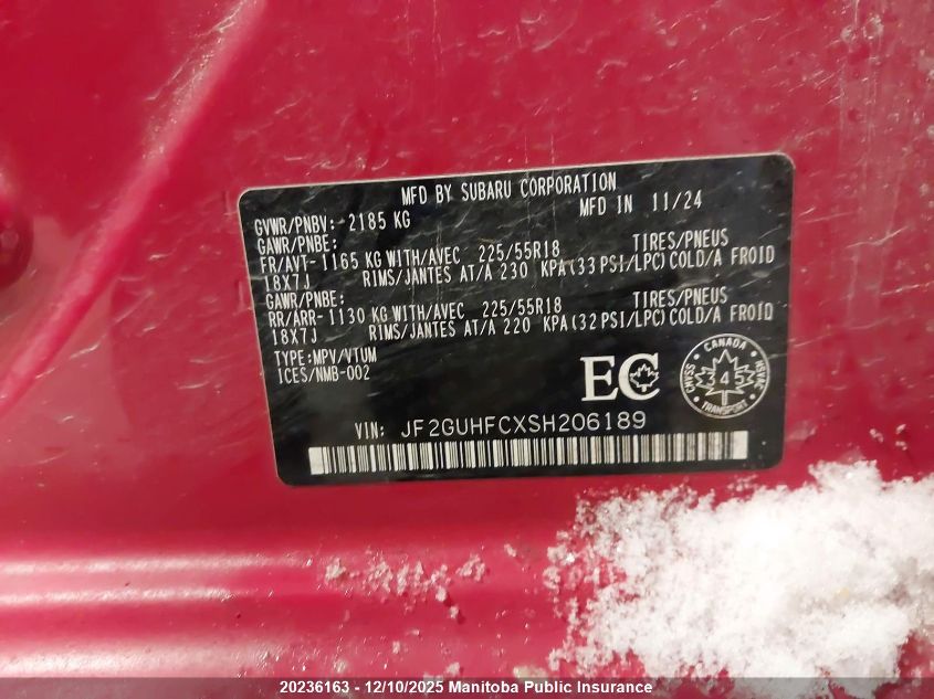 2025 Subaru Crosstrek Onyx VIN: JF2GUHFCXSH206189 Lot: 20236163