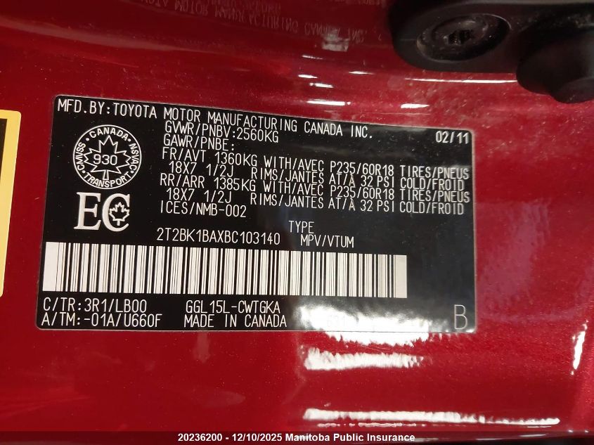 2011 Lexus Rx350 VIN: 2T2BK1BAXBC103140 Lot: 20236200