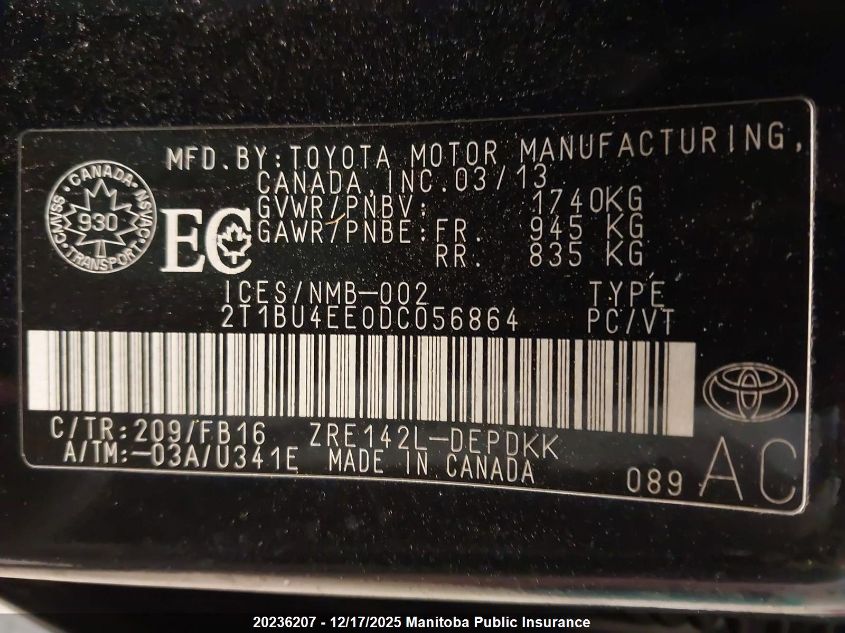 2013 Toyota Corolla Ce VIN: 2T1BU4EE0DC056864 Lot: 20236207