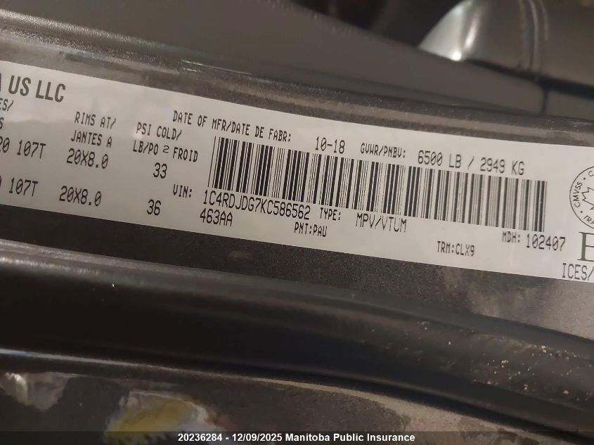 2019 Dodge Durango Gt VIN: 1C4RDJDG7KC586562 Lot: 20236284