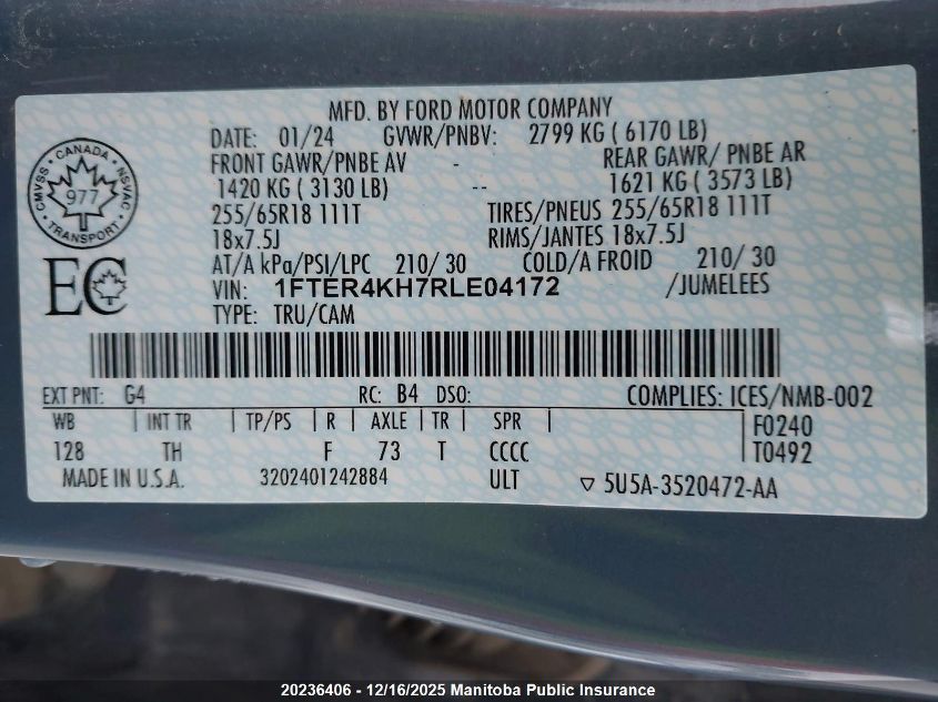 2024 Ford Ranger Lariat Supercrew VIN: 1FTER4KH7RLE04172 Lot: 20236406