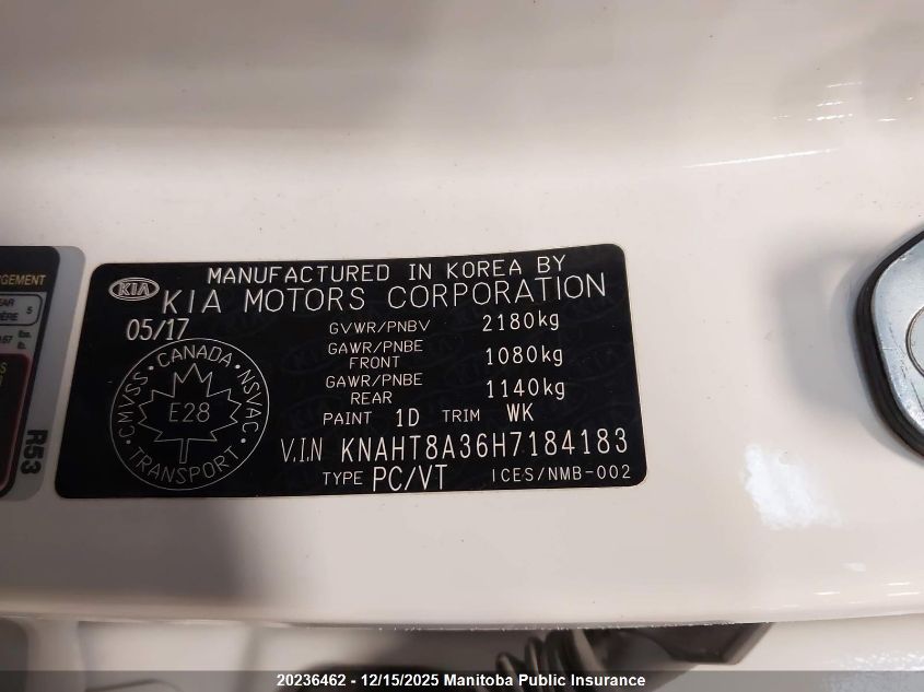 2017 Kia Rondo Lx VIN: KNAHT8A36H7184183 Lot: 20236462