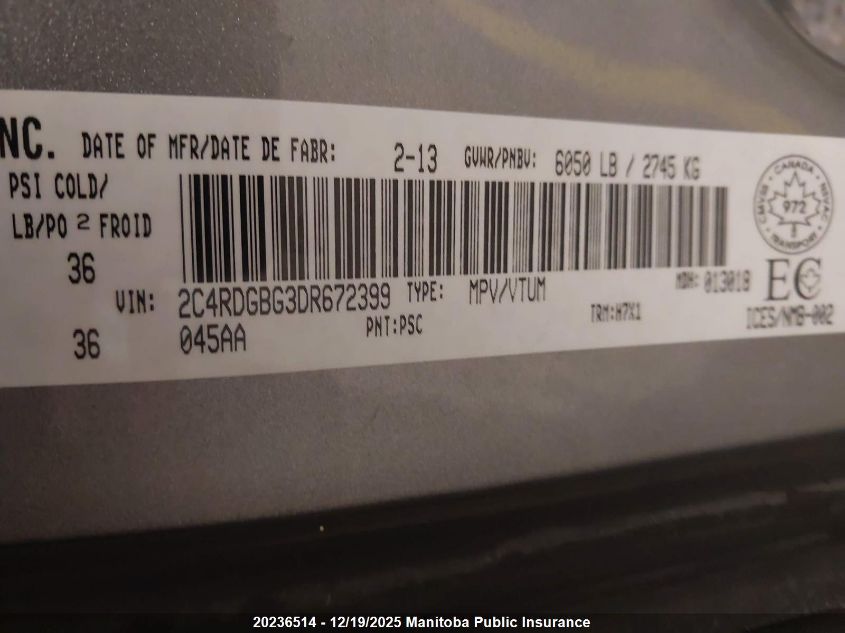 2013 Dodge Grand Caravan Se VIN: 2C4RDGBG3DR672399 Lot: 20236514