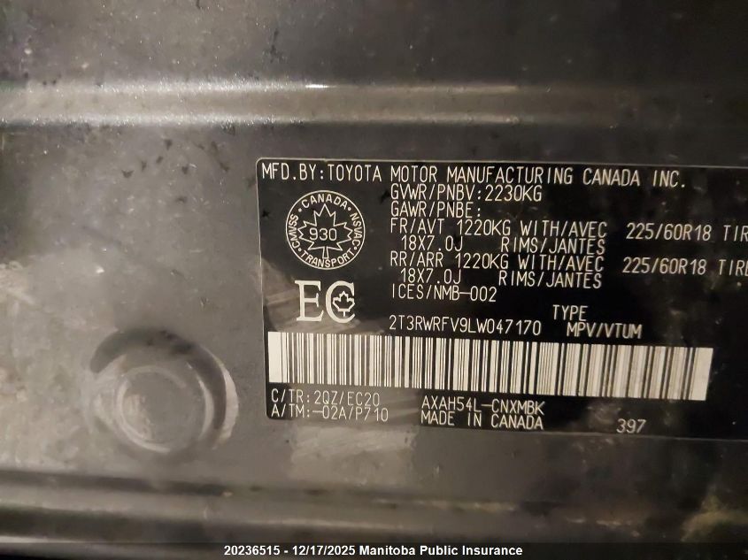 2020 Toyota Rav4 Xle Hybrid VIN: 2T3RWRFV9LW047170 Lot: 20236515