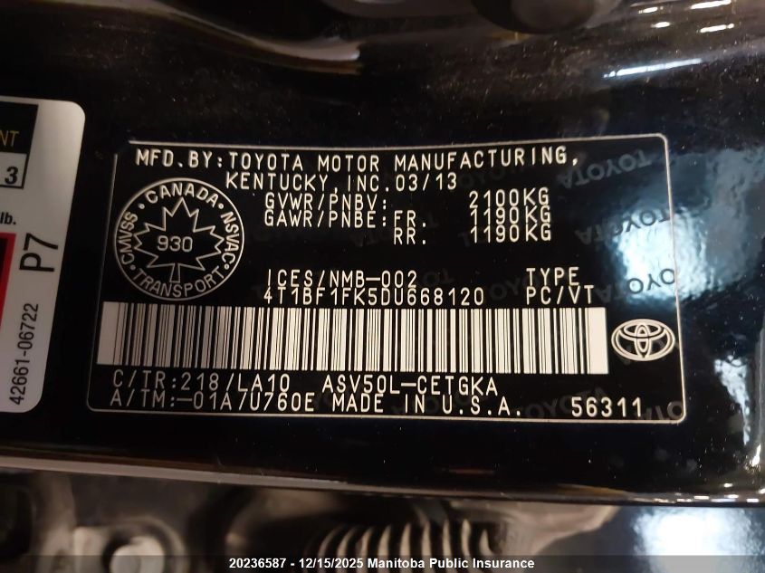 2013 Toyota Camry Xle VIN: 4T1BF1FK5DU668120 Lot: 20236587