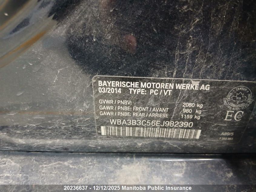 2014 BMW 328I xDrive VIN: WBA3B3C56EJ982390 Lot: 20236637