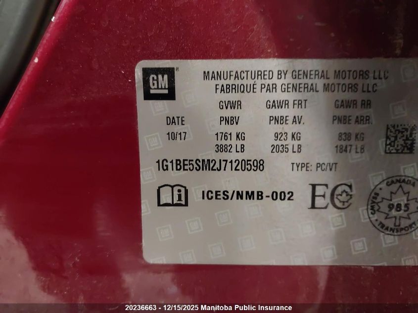 2018 Chevrolet Cruze Lt Turbo VIN: 1G1BE5SM2J7120598 Lot: 20236663