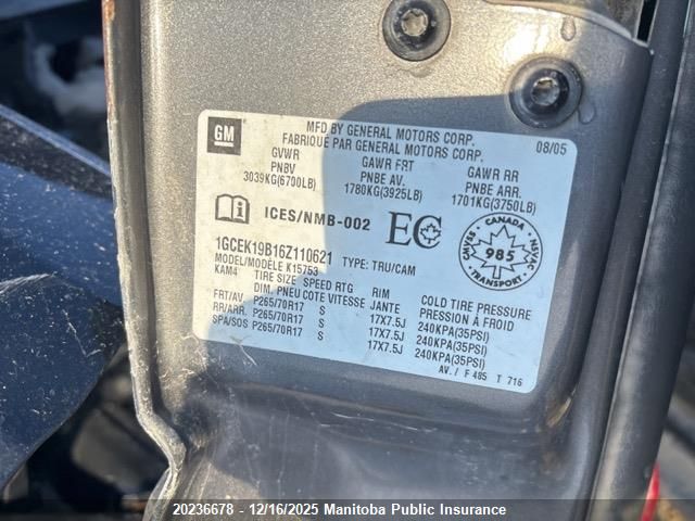 2006 Chevrolet Silverado 1500 Ls Ext Cab VIN: 1GCEK19B16Z110621 Lot: 20236678