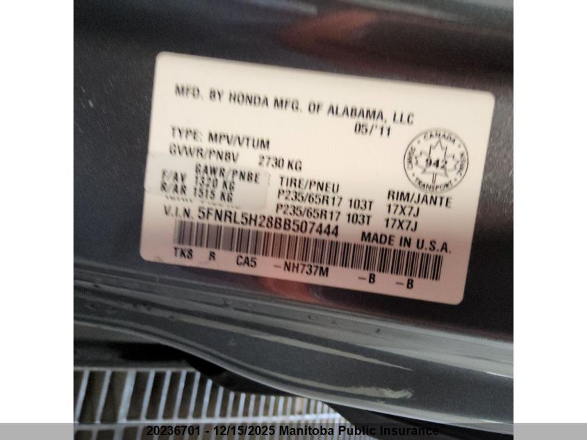 2011 Honda Odyssey Lx VIN: 5FNRL5H28BB507444 Lot: 20236701