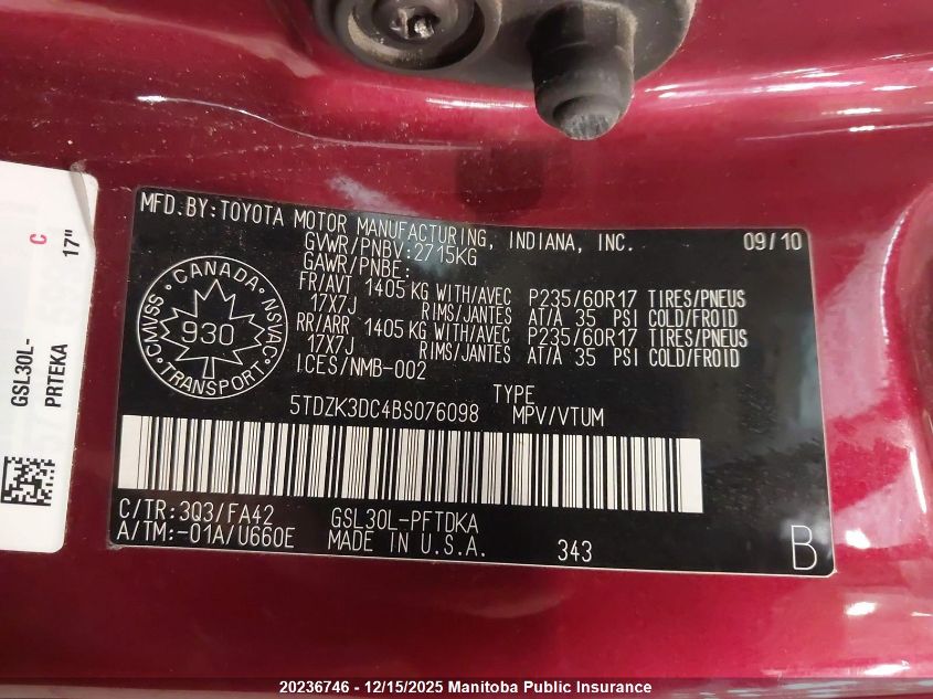 2011 Toyota Sienna Sport V6 VIN: 5TDZK3DC4BS076098 Lot: 20236746