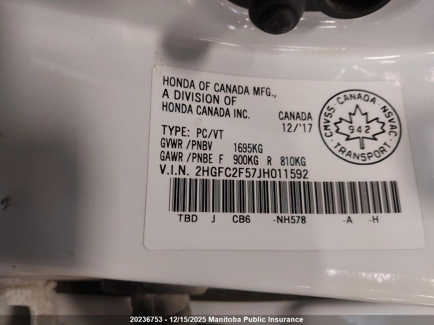 2018 Honda Civic Lx VIN: 2HGFC2F57JH011592 Lot: 20236753