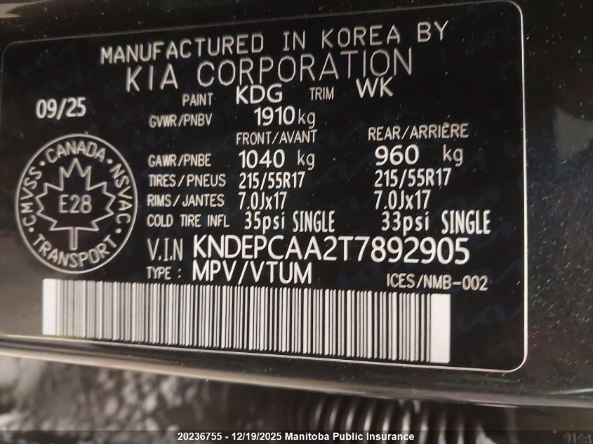 2026 Kia Seltos Lx VIN: KNDEPCAA2T7892905 Lot: 20236755