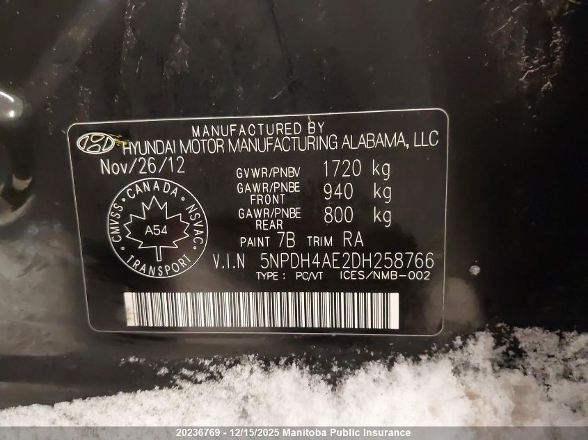 2013 Hyundai Elantra Gl VIN: 5NPDH4AE2DH258766 Lot: 20236769