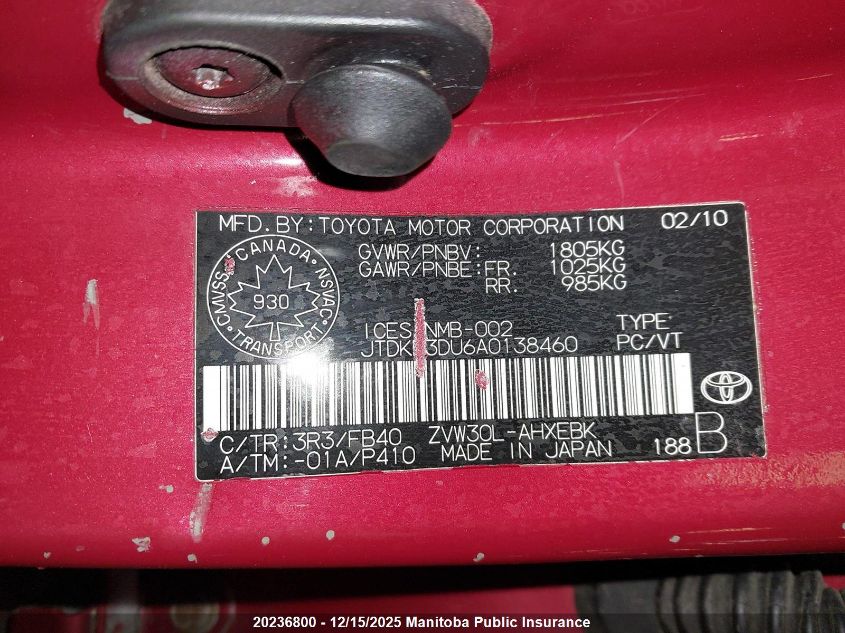 2010 Toyota Prius VIN: JTDKN3DU6A0138460 Lot: 20236800