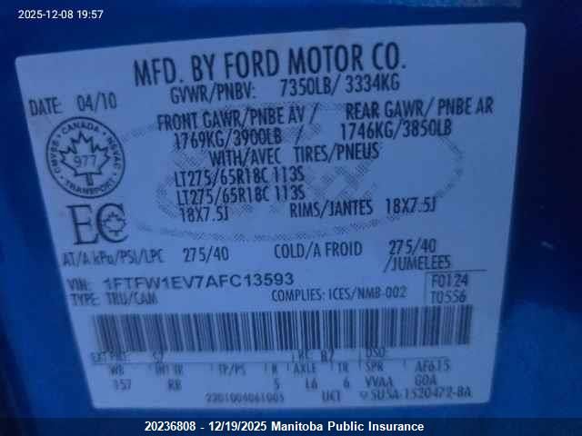 2010 Ford F-150 Fx4/Harley-Davidson/Lariat/Xlt VIN: 1FTFW1EV7AFC13593 Lot: 20236808