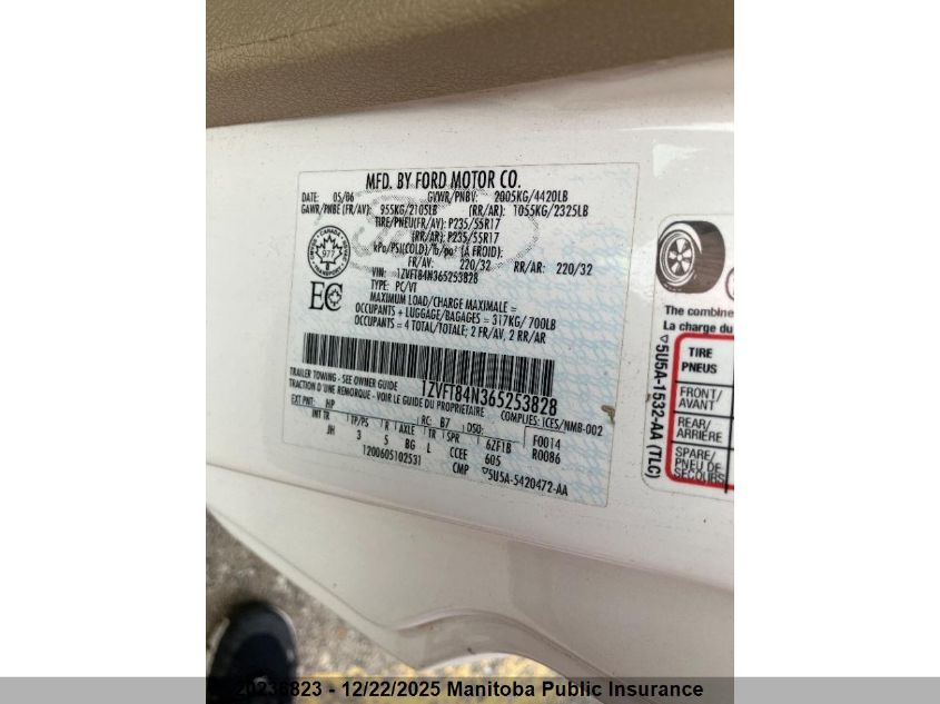 2006 Ford Mustang VIN: 1ZVFT84N365253828 Lot: 20236823