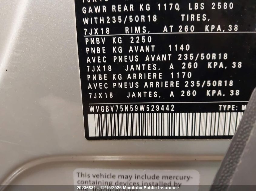 2009 Volkswagen Tiguan 2.0 Tsi VIN: WVGBV75N59W529442 Lot: 20236831