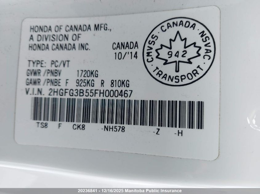 2015 Honda Civic Ex VIN: 2HGFG3B55FH000467 Lot: 20236841