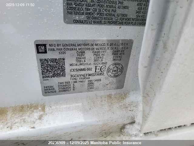 2021 Chevrolet Silverado 1500 Hc Crew Cab VIN: 3GCUYHET9MG206852 Lot: 20236909
