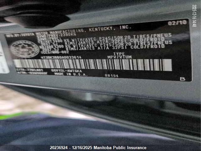 2010 Toyota Venza V6 VIN: 4T3BK3BB0AU033614 Lot: 20236924