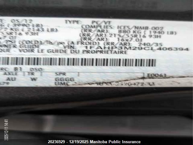 2012 Ford Focus Sel VIN: 1FAHP3M29CL406394 Lot: 20236929