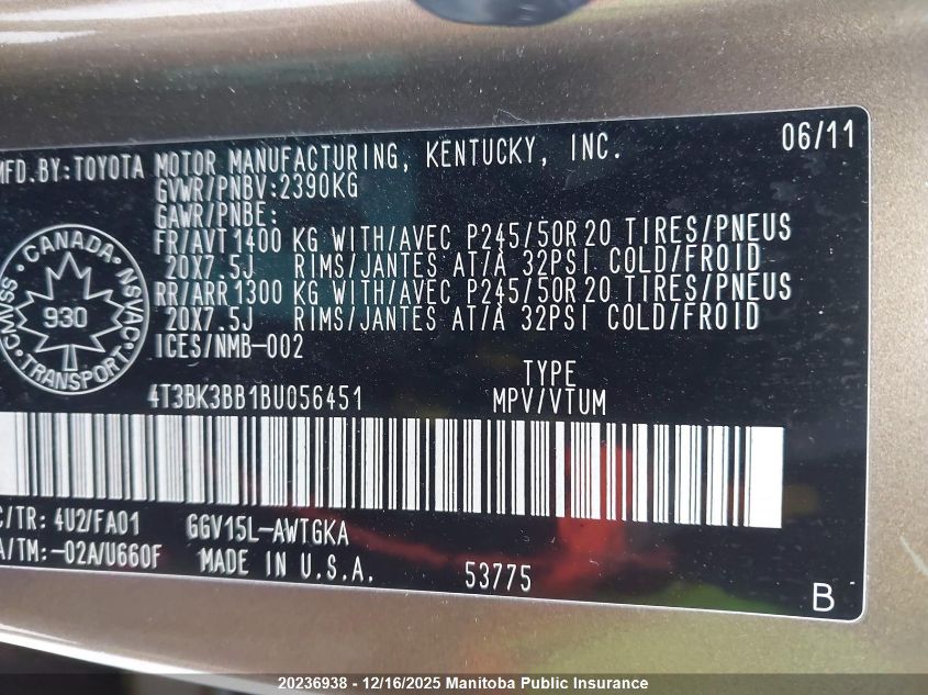 2011 Toyota Venza V6 VIN: 4T3BK3BB1BU056451 Lot: 20236938