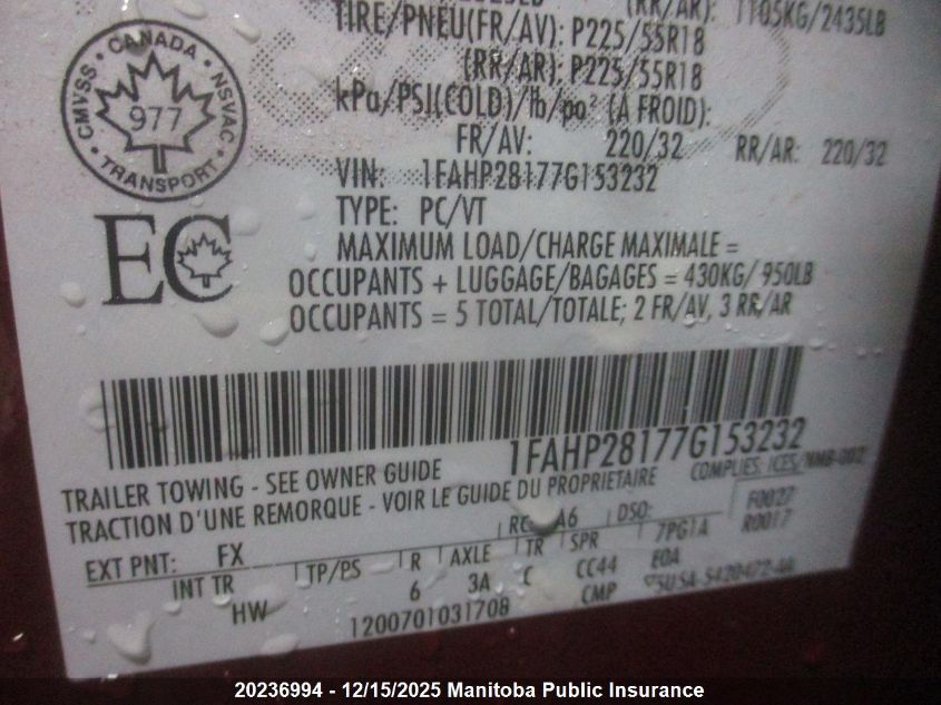 2007 Ford Five Hundred Limited VIN: 1FAHP28177G153232 Lot: 20236994