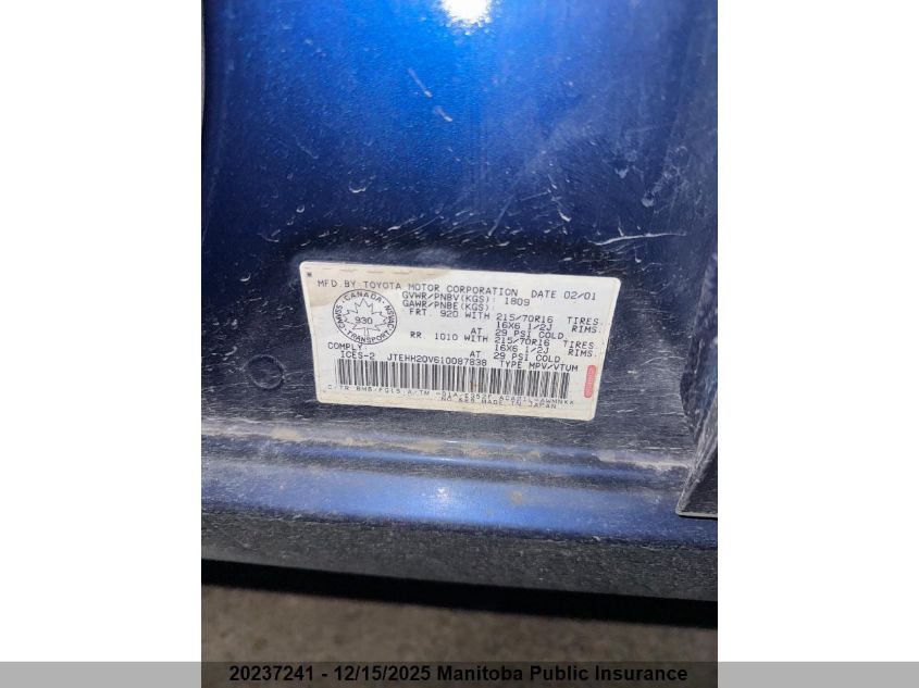 2001 Toyota Rav4 VIN: JTEHH20V610087838 Lot: 20237241