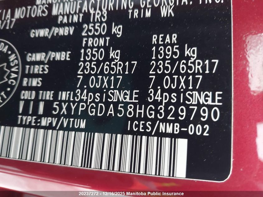 2017 Kia Sorento Lx V6 VIN: 5XYPGDA58HG329790 Lot: 20237272