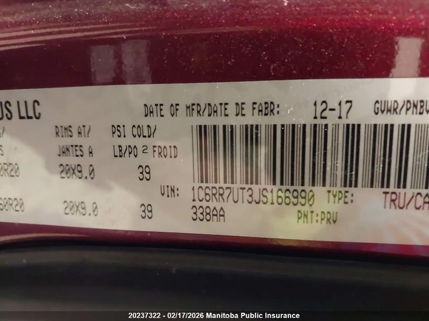 2018 Dodge Ram 1500 Sport Crew Cab VIN: 1C6RR7UT3JS166990 Lot: 20237322