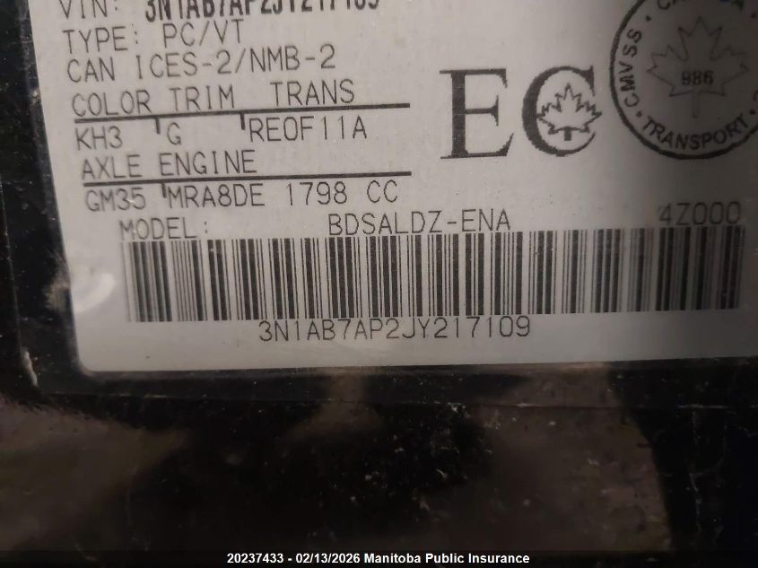 2018 Nissan Sentra 1.8 Sv VIN: 3N1AB7AP2JY217109 Lot: 20237433