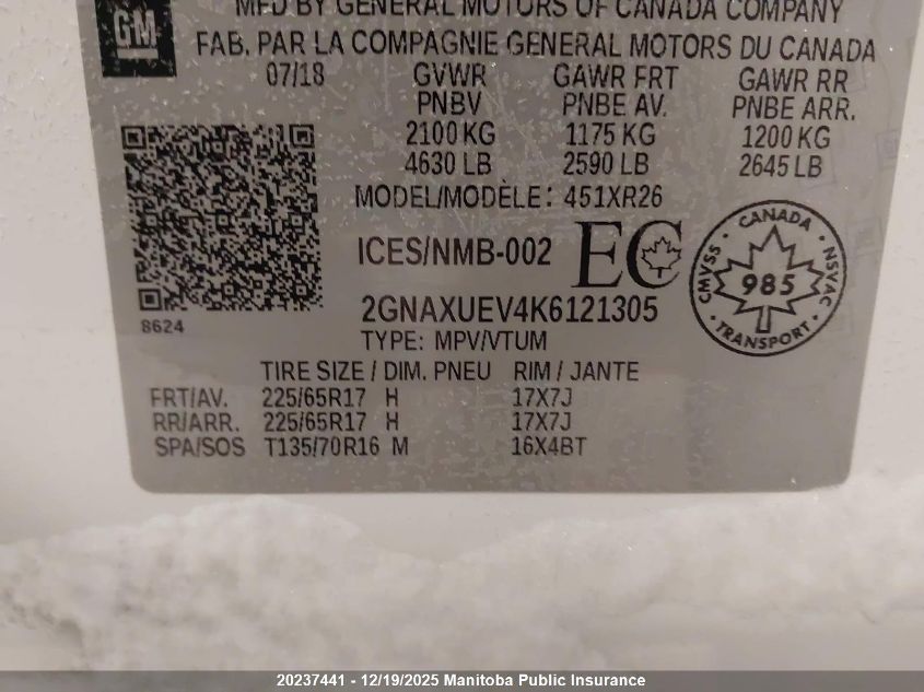 2019 Chevrolet Equinox Lt VIN: 2GNAXUEV4K6121305 Lot: 20237441