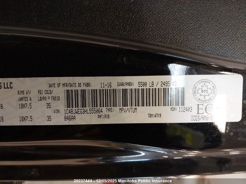 2017 Jeep Wrangler Unlimited Sahara VIN: 1C4BJWEG3HL555064 Lot: 20237444