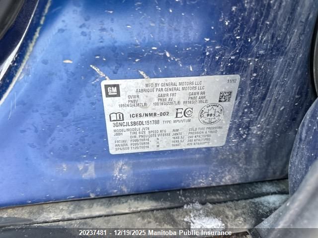 2013 Chevrolet Trax Lt VIN: 3GNCJLSB6DL151788 Lot: 20237481