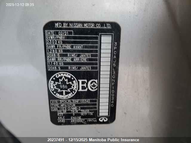 2022 Infiniti Qx55 Sensory VIN: 3PCAJ5L30NF100340 Lot: 20237491