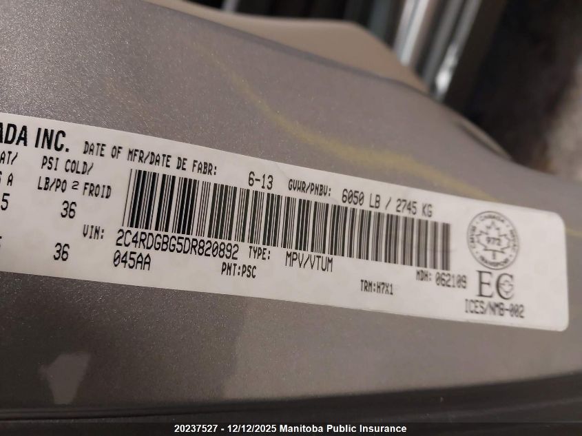 2013 Dodge Grand Caravan Se VIN: 2C4RDGBG5DR820892 Lot: 20237527