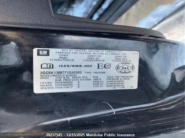 2007 Chevrolet Silverado 1500 Lt Crew Cab VIN: 2GCEK13M771536365 Lot: 20237545