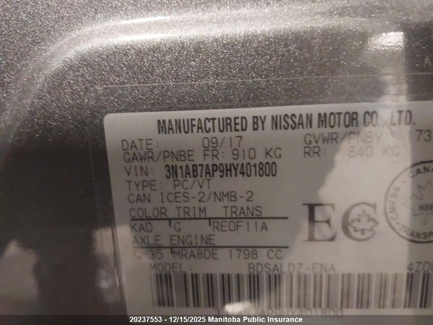 2017 Nissan Sentra 1.8 Sv VIN: 3N1AB7AP9HY401800 Lot: 20237553
