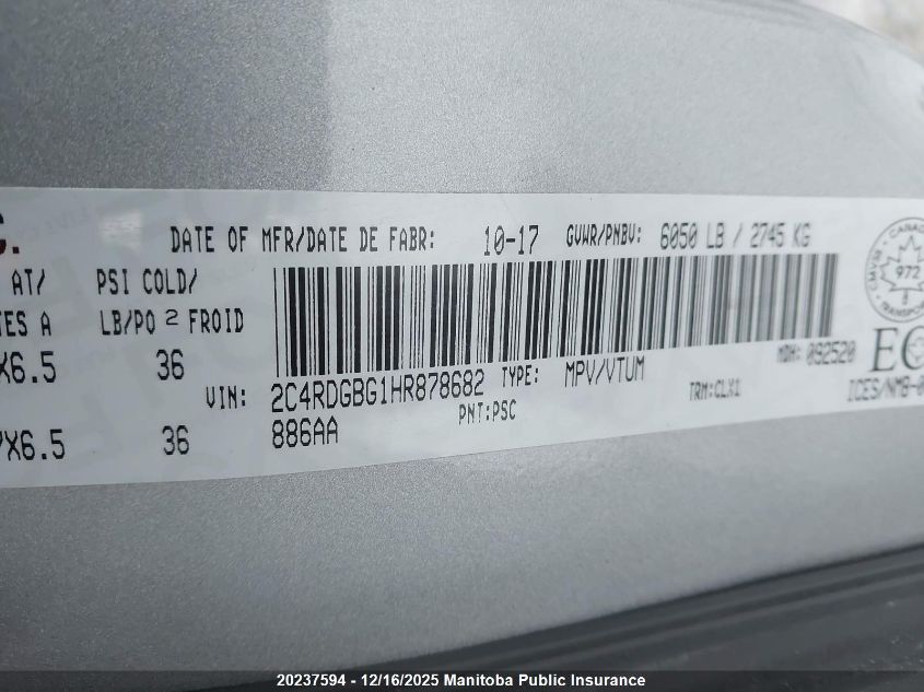 2017 Dodge Grand Caravan Se VIN: 2C4RDGBG1HR878682 Lot: 20237594