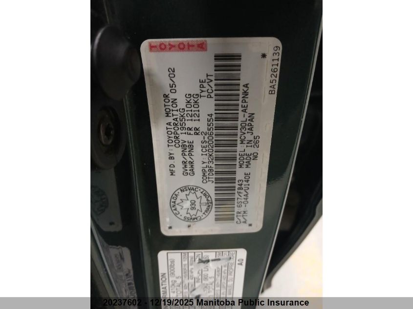 2002 Toyota Camry Le V6 Le V6 VIN: JTDBF32K020065554 Lot: 20237602