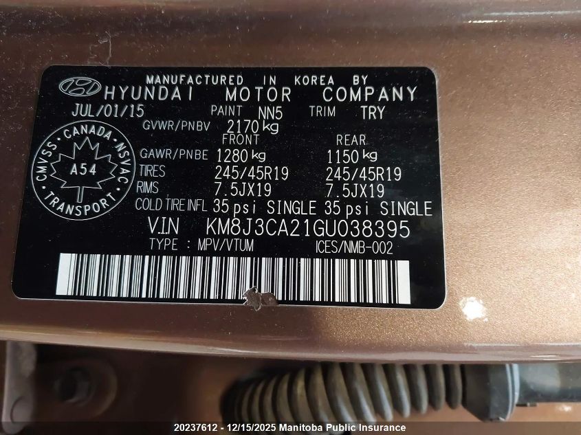 2016 Hyundai Tucson 1.6T VIN: KM8J3CA21GU038395 Lot: 20237612