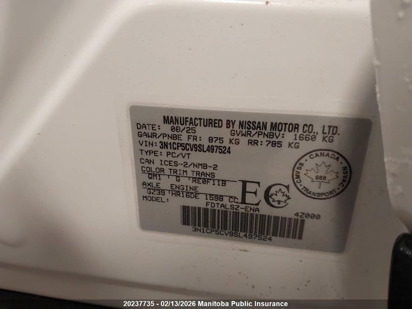 2025 Nissan Kicks Play Sv VIN: 3N1CP5CV9SL497524 Lot: 20237735