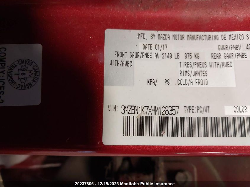 2017 Mazda Mazda3 Sport Gx Sky VIN: 3MZBN1K7XHM128357 Lot: 20237805