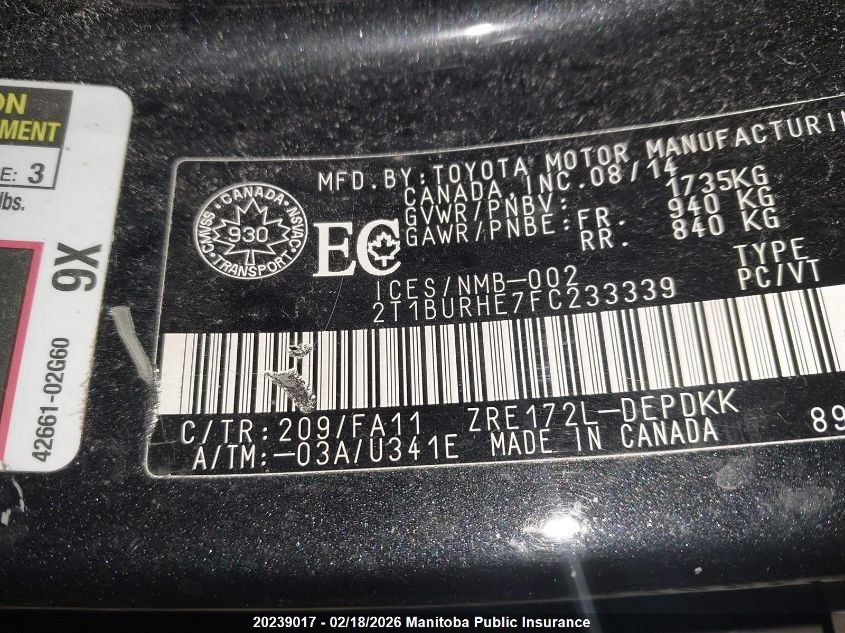 2015 Toyota Corolla Ce VIN: 2T1BURHE7FC233339 Lot: 20239017