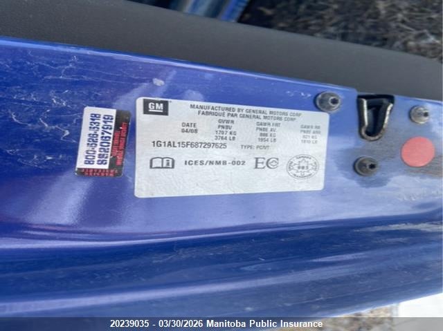 2008 Chevrolet Cobalt Lt VIN: 1G1AL15F687297625 Lot: 20239035