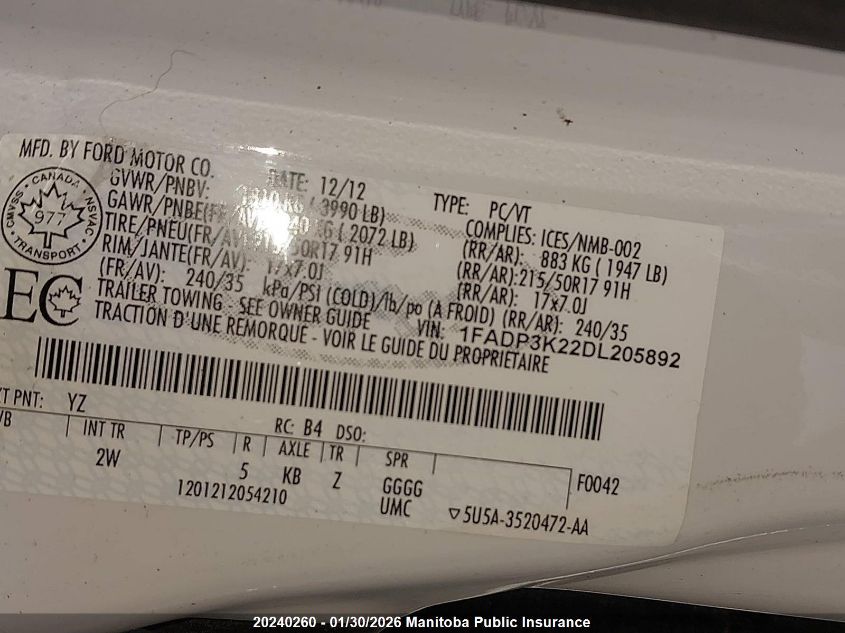 2013 Ford Focus Se VIN: 1FADP3K22DL205892 Lot: 20240260