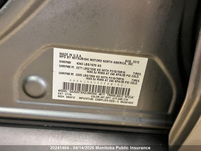 2013 Mitsubishi Rvr Se VIN: 4A4AJ3AUXDE601521 Lot: 20241464